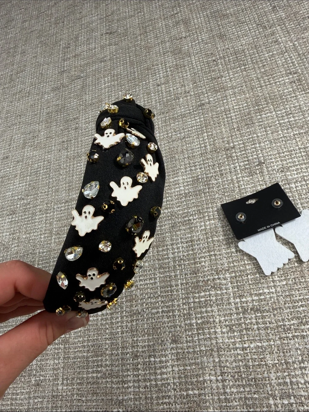 Black Halloween Ghost Headband with White Ghost Earrings